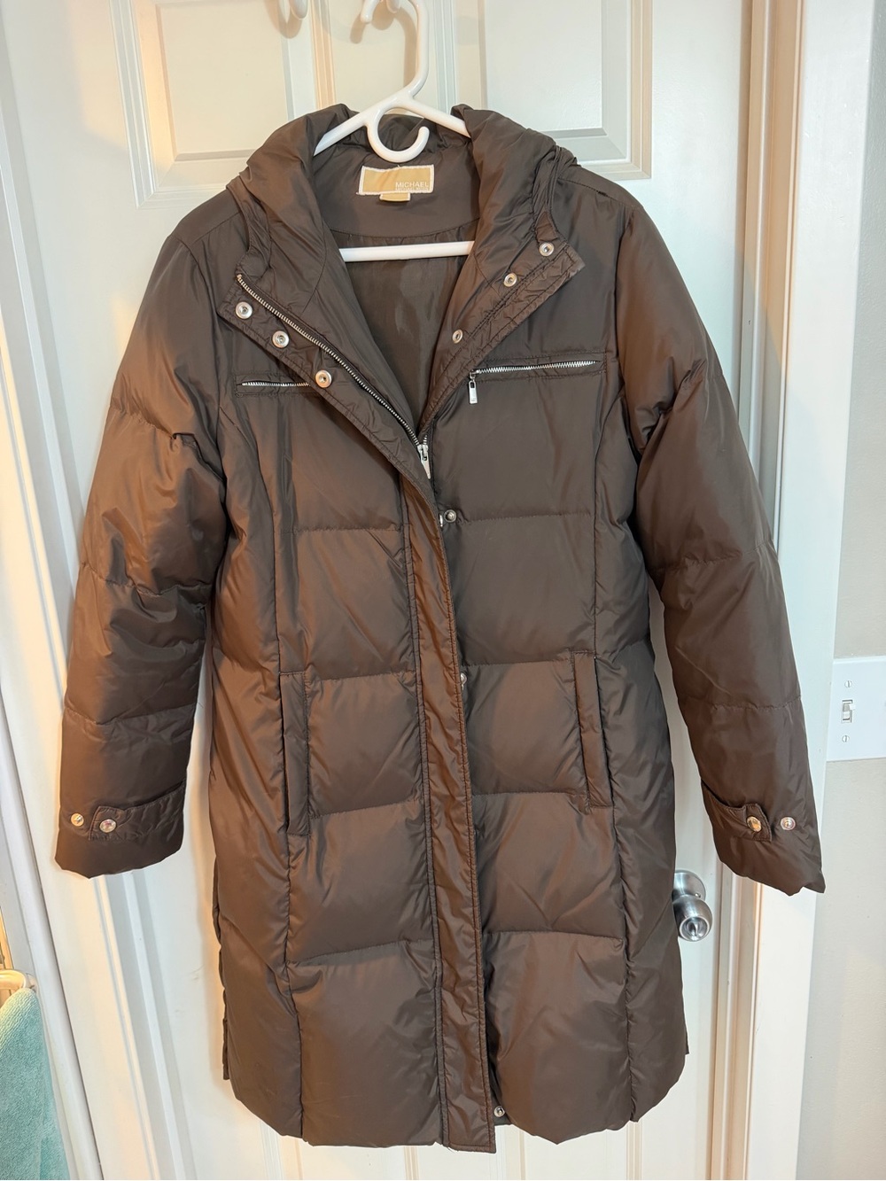 Michael Kors Long Brown Quilted Puffer Coat with Hood *Left pocket has a hole*